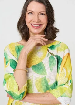 Izabel London Yellow Leaf Print 3/4 Sleeve Knit Texture Top
