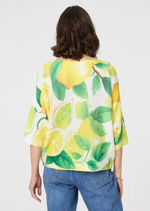 Izabel London Yellow Leaf Print 3/4 Sleeve Knit Texture Top