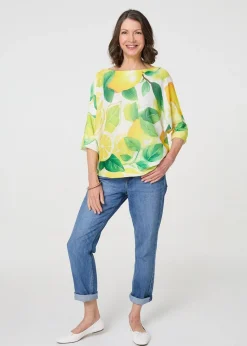 Izabel London Yellow Leaf Print 3/4 Sleeve Knit Texture Top
