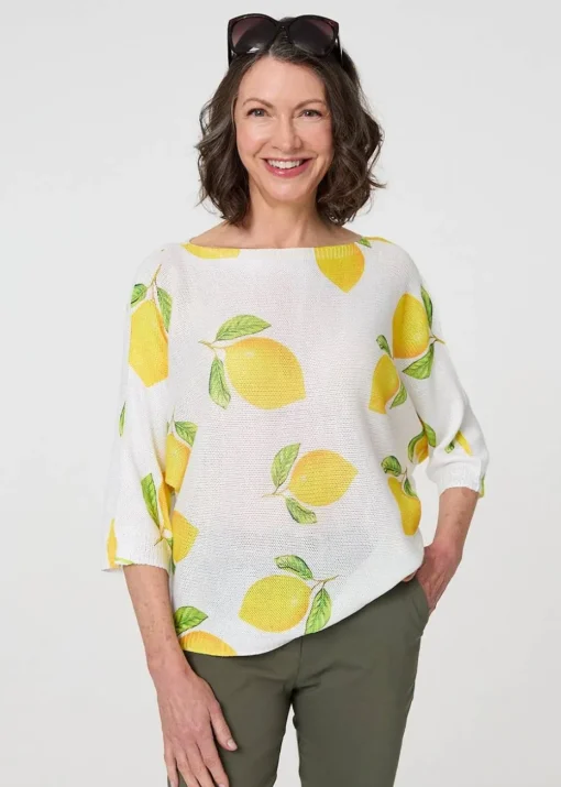 Izabel London Yellow Printed 3/4 Sleeve Knit Texture Top