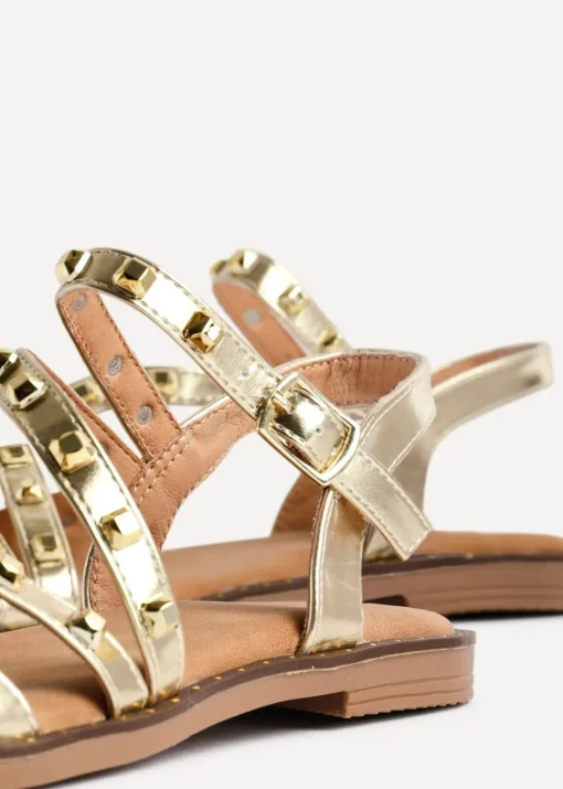 Linzi Destino Gold Faux Leather Studded Gladiator Style Flat Sandal