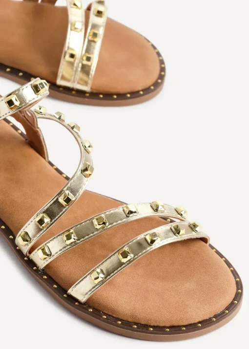 Linzi Destino Gold Faux Leather Studded Gladiator Style Flat Sandal