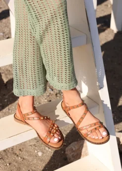 Linzi Destino Tan Faux Leather Studded Gladiator Style Flat Sandal