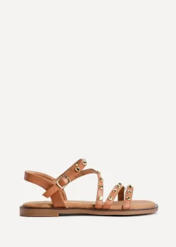 Linzi Destino Tan Faux Leather Studded Gladiator Style Flat Sandal