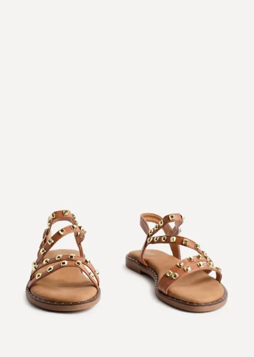 Linzi Destino Tan Faux Leather Studded Gladiator Style Flat Sandal