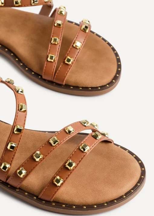 Linzi Destino Tan Faux Leather Studded Gladiator Style Flat Sandal
