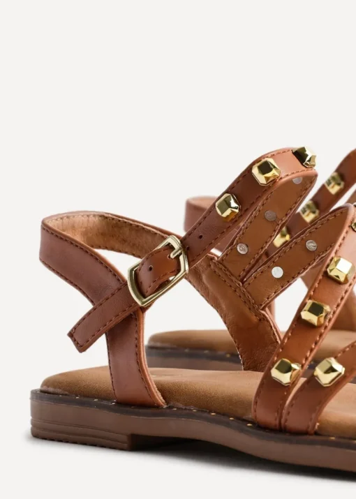 Linzi Destino Tan Faux Leather Studded Gladiator Style Flat Sandal
