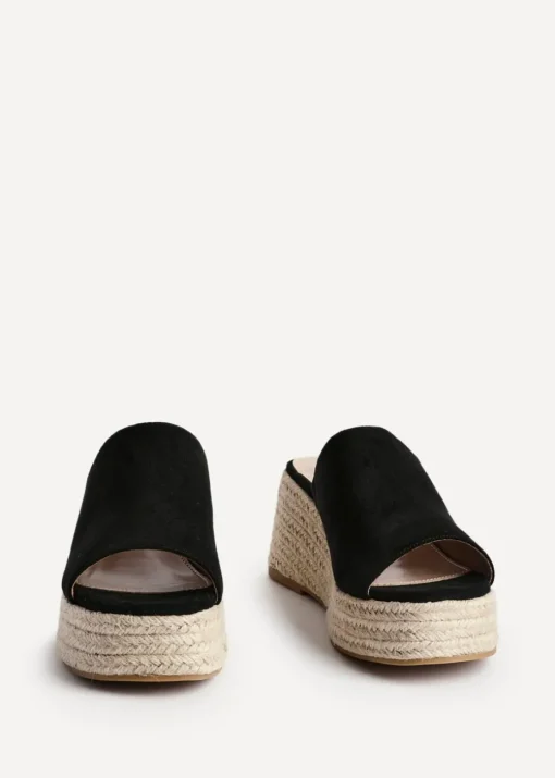 Linzi Espresso Black Faux Suede Espadrille Inspired Mule Wedges