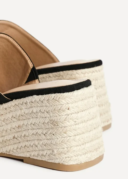 Linzi Espresso Black Faux Suede Espadrille Inspired Mule Wedges