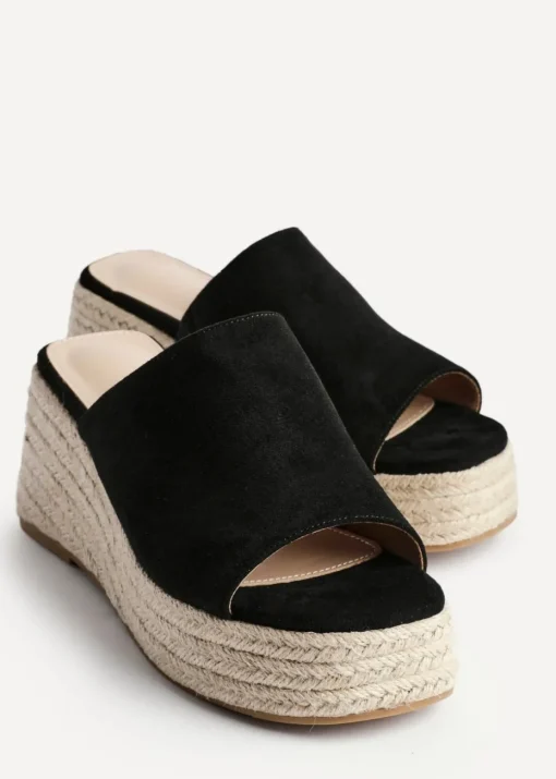Linzi Espresso Black Faux Suede Espadrille Inspired Mule Wedges
