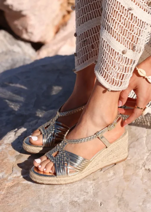 Linzi Evolve Gold Faux Leather Woven Espadrille Wedge