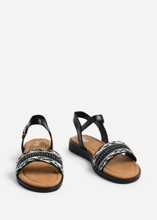 Linzi Halo Black Weaved Embellished Flat Sandals