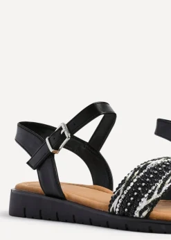 Linzi Halo Black Weaved Embellished Flat Sandals