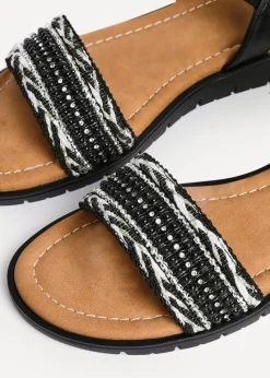 Linzi Halo Black Weaved Embellished Flat Sandals