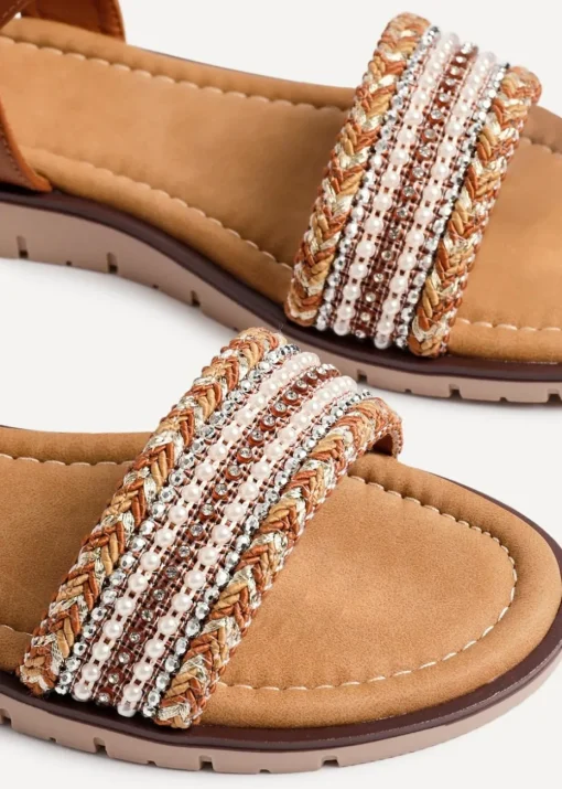 Linzi Halo Tan Weaved Embellished Flat Sandals