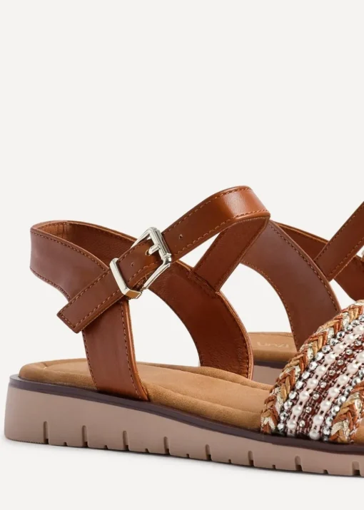 Linzi Halo Tan Weaved Embellished Flat Sandals