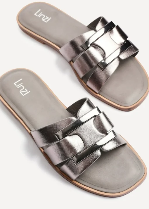 Linzi Kenna Grey Faux Leather Buckle Flat Slider Sandal