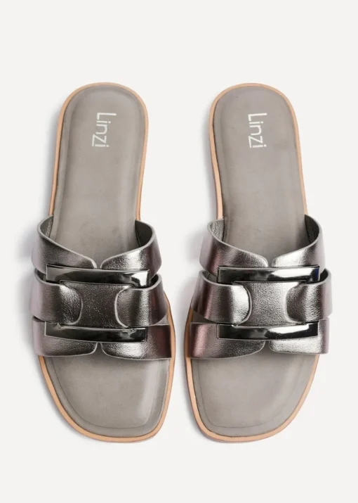 Linzi Kenna Grey Faux Leather Buckle Flat Slider Sandal