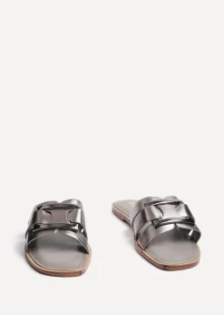 Linzi Kenna Grey Faux Leather Buckle Flat Slider Sandal