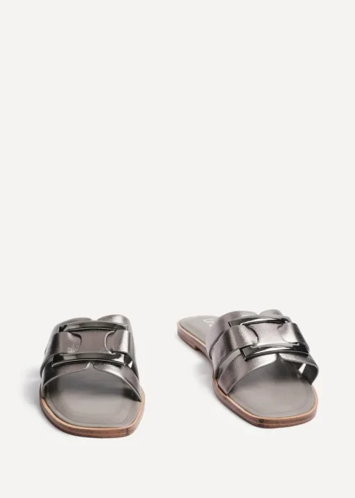 Linzi Kenna Grey Faux Leather Buckle Flat Slider Sandal