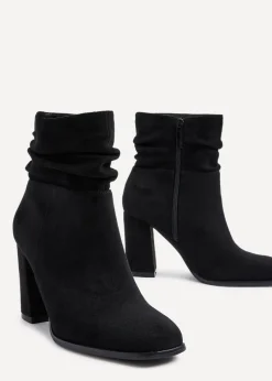 Linzi Mila Black Ruched Square Toe Block Heeled Ankle Boot