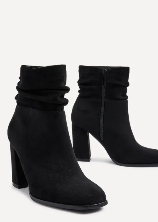 Linzi Mila Black Ruched Square Toe Block Heeled Ankle Boot