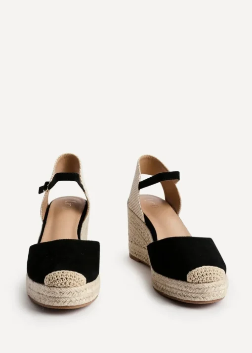 Linzi Present Black Faux Suede Closed Toe And Open Back Espadrille Wedge