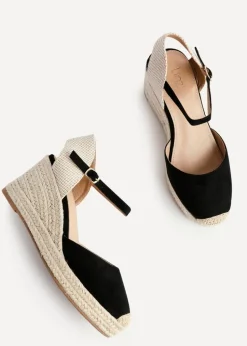 Linzi Present Black Faux Suede Closed Toe And Open Back Espadrille Wedge