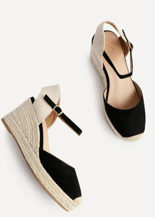 Linzi Present Black Faux Suede Closed Toe And Open Back Espadrille Wedge