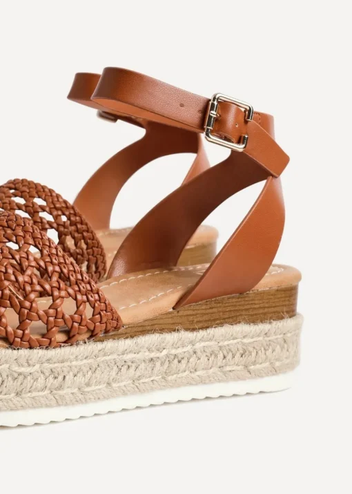 Linzi Sundown Tan Faux Leather Handwoven Espadrille Flatform Sandal