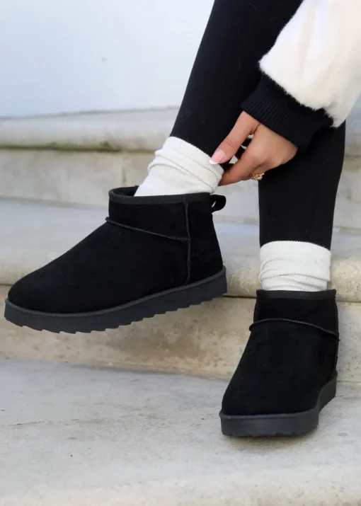 Linzi Ultra Mini Addy Black Faux Suede Faux Fur Lined