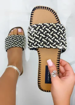 Love Lemonade Black Sparkly Deluxe Dainty Pearl Sliders