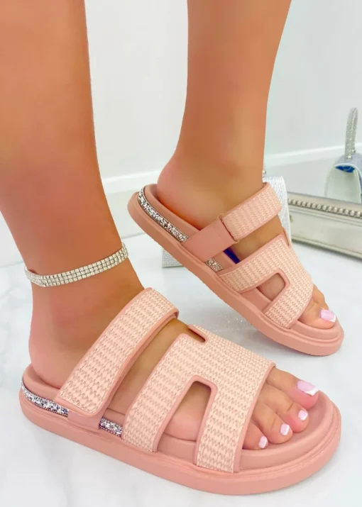Love Lemonade Pink Crystal Trim Double Strap Sliders