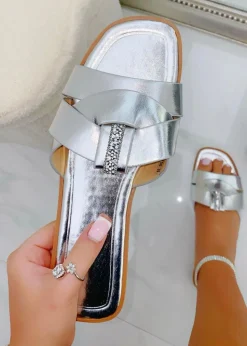 Love Lemonade Silver Sparkly Crystal Wrap Flat Sliders