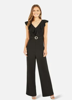 Mela Black Jumpsuit With Gold Buckle and Frill Detail
