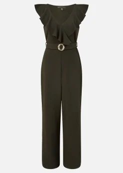 Mela Black Jumpsuit With Gold Buckle and Frill Detail