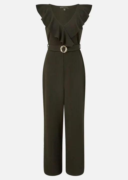 Mela Black Jumpsuit With Gold Buckle and Frill Detail