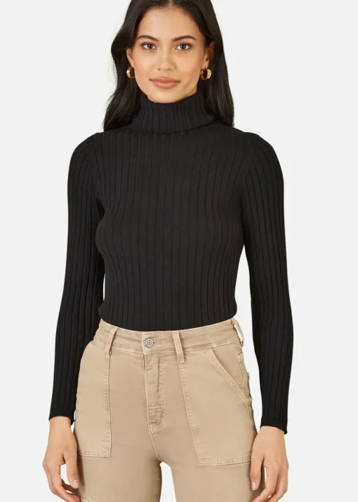 Mela Black Ribbed Knit Roll Neck Jumper