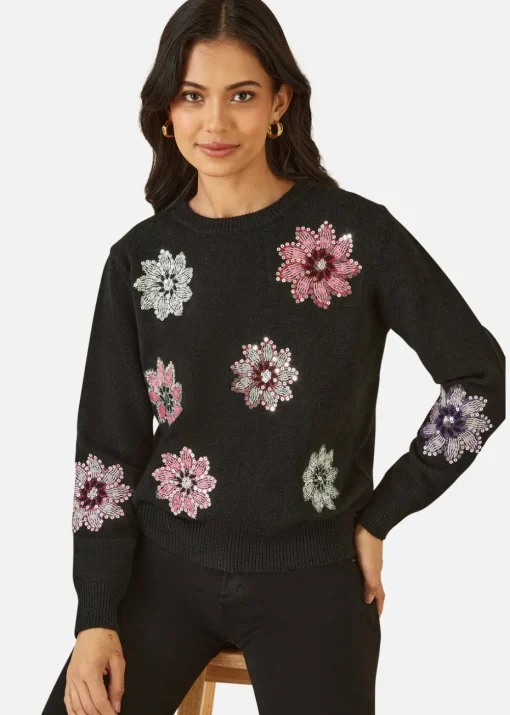 Mela Black Sequin Flower Jumper