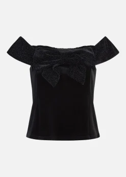 Mela Black Sparkle Velvet Bow Bardot Top