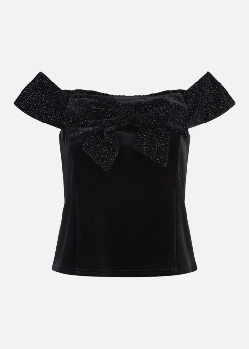 Mela Black Sparkle Velvet Bow Bardot Top
