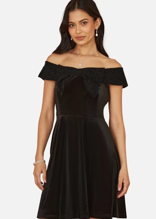 Mela Black Velvet Skater Dress With Sparkle Bow Neckline