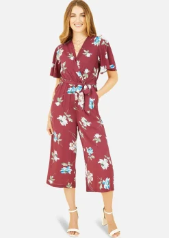Mela Burgundy Floral Print Jumpsuit With Angel Sleeves