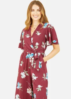 Mela Burgundy Floral Print Jumpsuit With Angel Sleeves