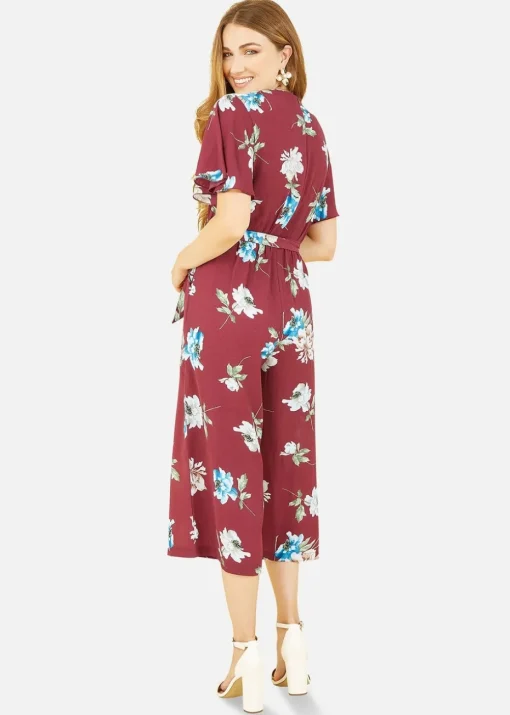 Mela Burgundy Floral Print Jumpsuit With Angel Sleeves