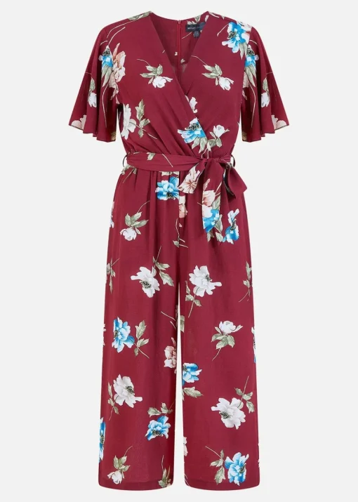 Mela Burgundy Floral Print Jumpsuit With Angel Sleeves