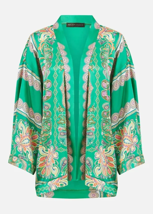 Mela Green Paisley Print Satin Kimono
