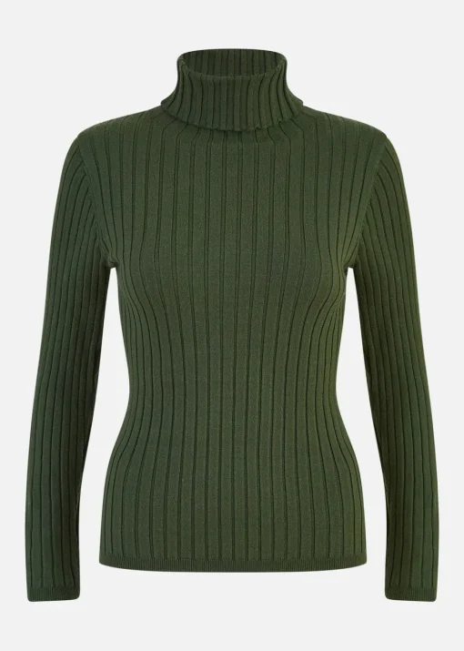 Mela Green Ribbed Knit Roll Neck Jumper