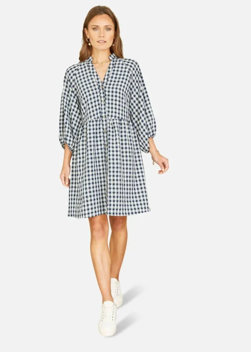 Mela Navy Cotton Checked Button Through Tunic Dress