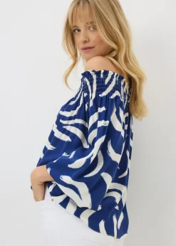 Navy Abstract Shirred Bardot Top